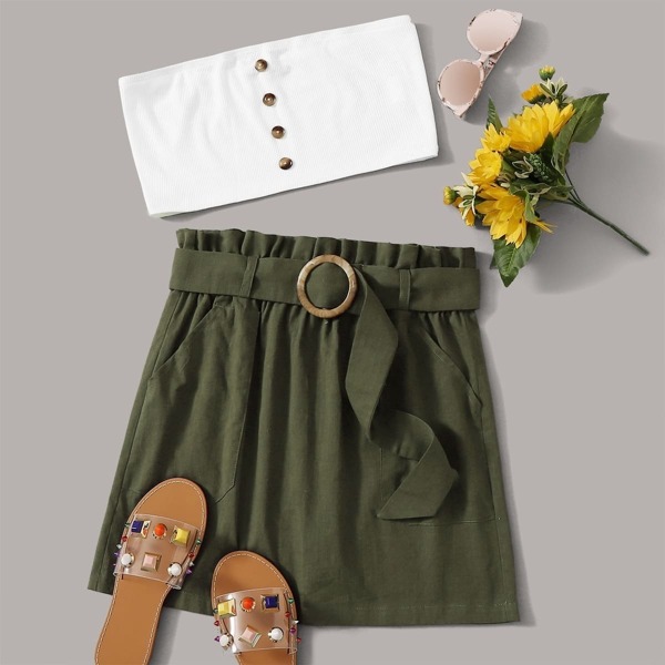

Button Detail Bandeau Top and Paperbag Waist Shorts Set