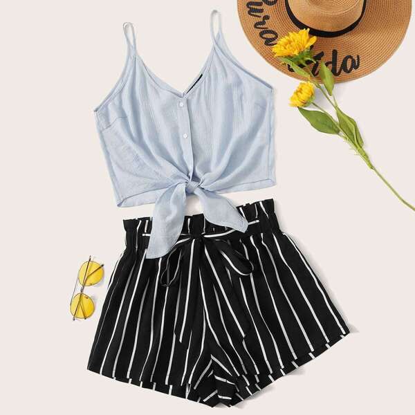 

Tie Front Buttoned Cami & Striped Paperbag Waist Shorts Set, Multicolor