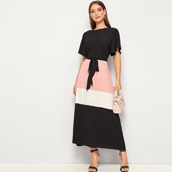 

Color-block Flutter Sleeve Belted Dress, Multicolor