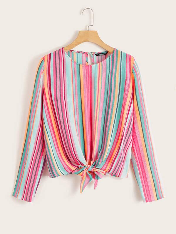 

Rainbow Stripe Tie Hem Top, Multicolor