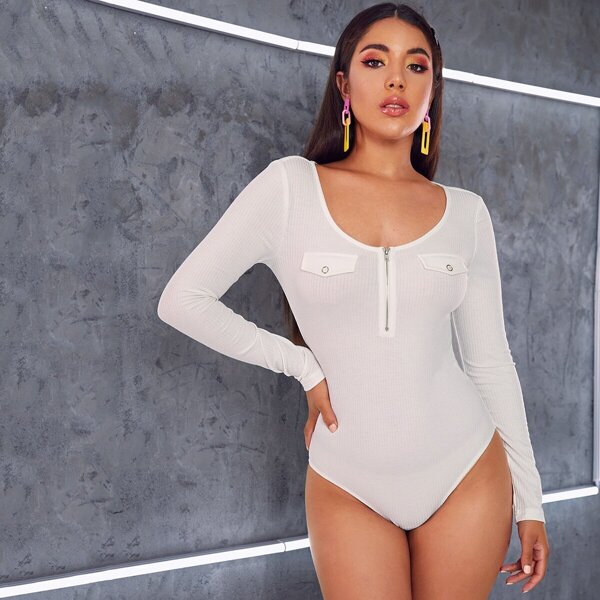 

Solid Zip Front Rib-knit Bodysuit