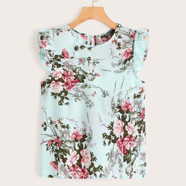 

Floral Ruffle Trim Keyhole Back Top, Blue