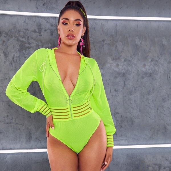 

Neon Lime Zip Up Tape Detail Fishnet Mesh Bodysuit