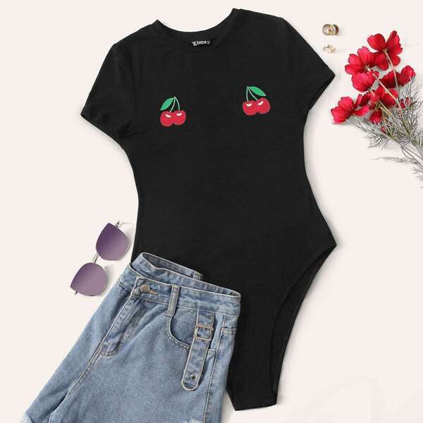

Cherry Print Fitted Bodysuit, Black