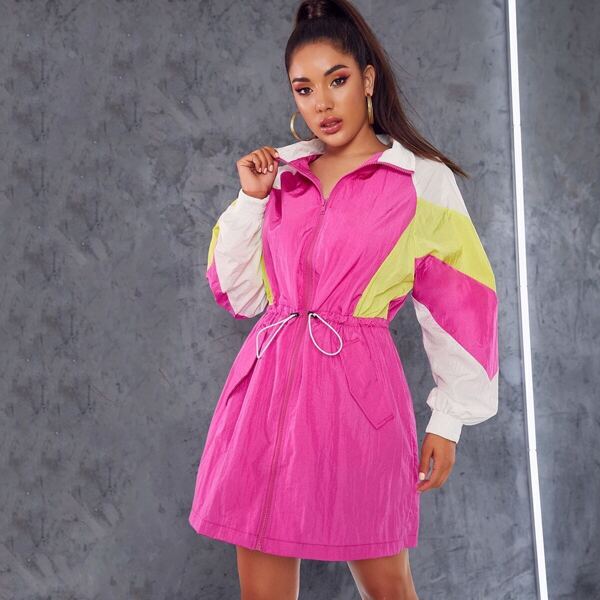 

Drawstring Waist Cut-and-sew Zipper Up Dress, Pink bright