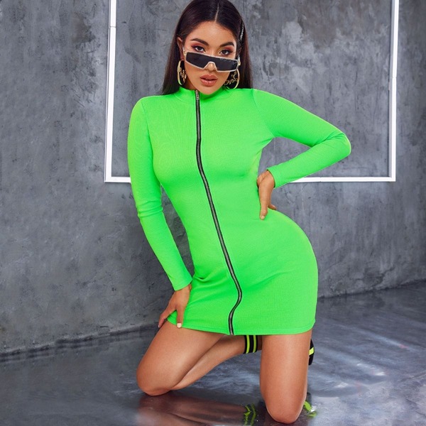 

Mock Neck Rib-knit Zipper Up Bodycon Dress Without Bag