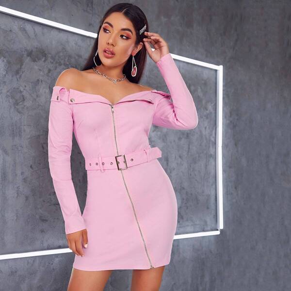 

Foldover Zip Up Belted Bodycon Dress