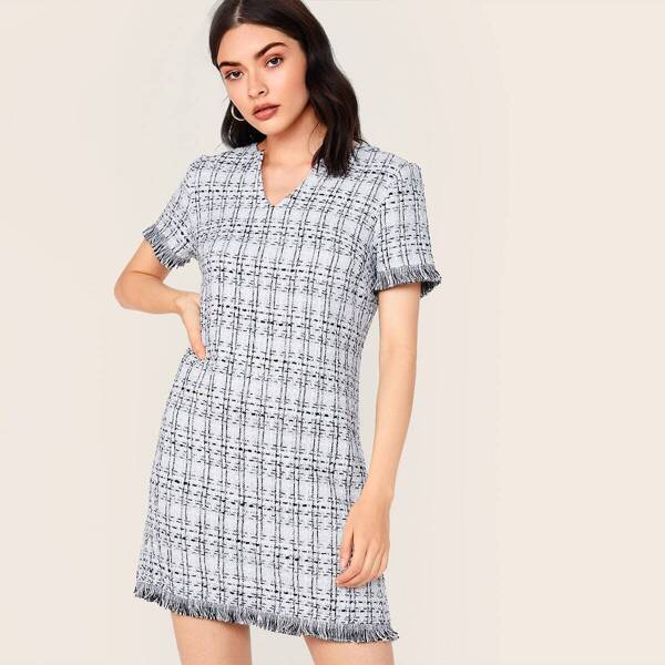 

Notch Neck Frayed Edge Tweed Dress