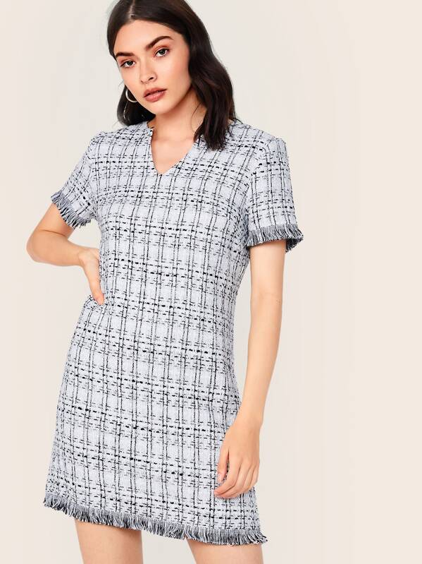 

Notch Neck Frayed Edge Tweed Dress, White, Brooke L