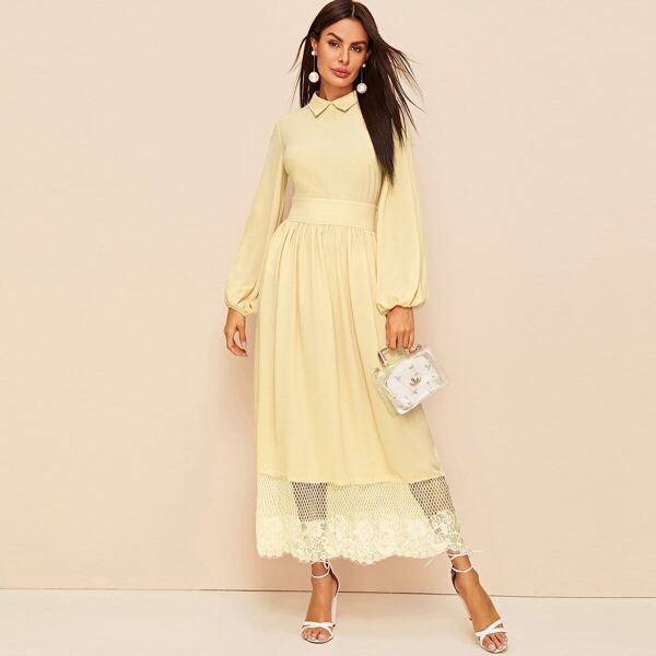 

Collared Lantern Sleeve Lace Hem Maxi Dress, Yellow pastel