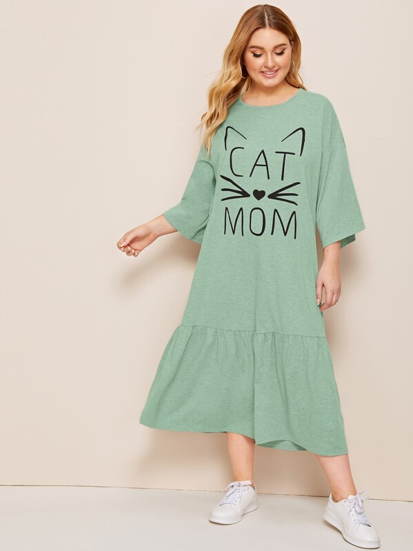 

Plus Drop Shoulder Ruffle Hem Graphic Print Dress, Green, Nora