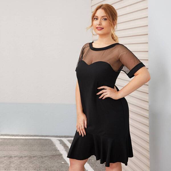 

Plus Deep V Back Sheer Mesh Yoke Trim Flounce Hem Dress, Black