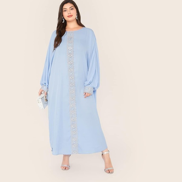 

Plus Batwing Sleeve Lace Trim Dress, Blue pastel