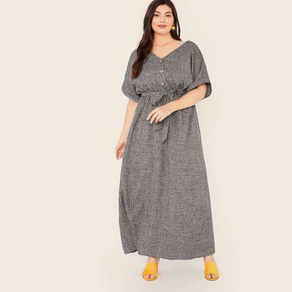 

Plus Buttoned Front Self Belted Cuffed Dress, Grey