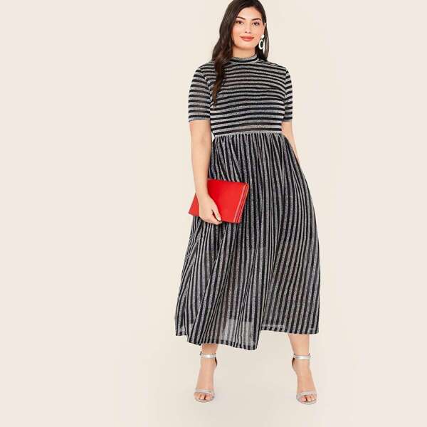 

Plus Mock-neck Glitter Striped Dress