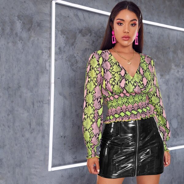 

Neon Snakeskin Frill Trim Shirred Top, Multicolor