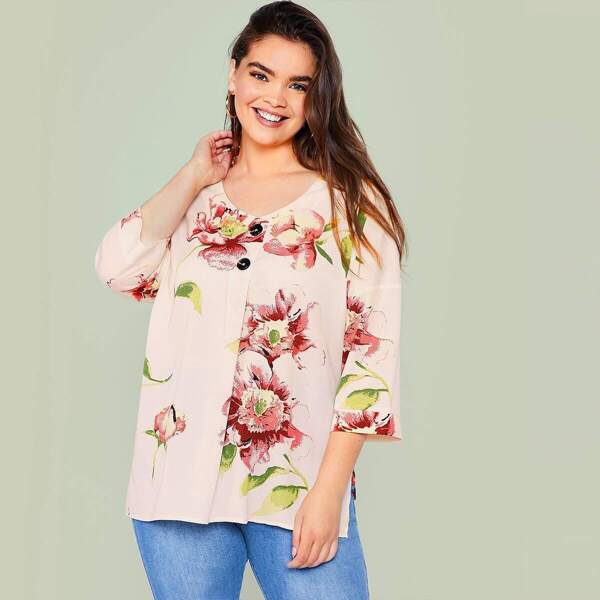 

Plus Floral Print Slit Hem Top, Pink