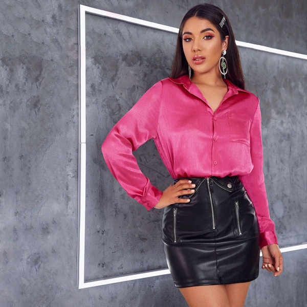 

Button Front Patch Pocket High-low Hem Satin Blouse, Pink bright