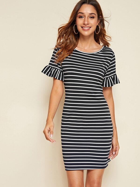 

Ruffle Cuff Striped Dress, Black, Gabi B