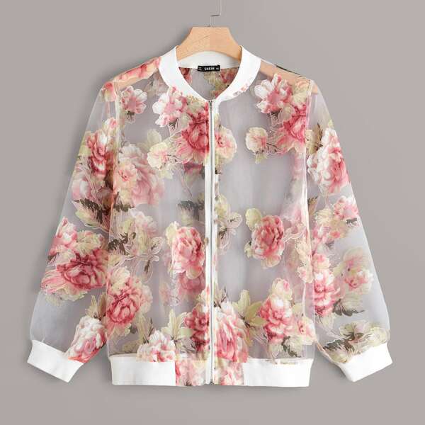 

Plus Floral Zip Front Mesh Jacket, Multicolor