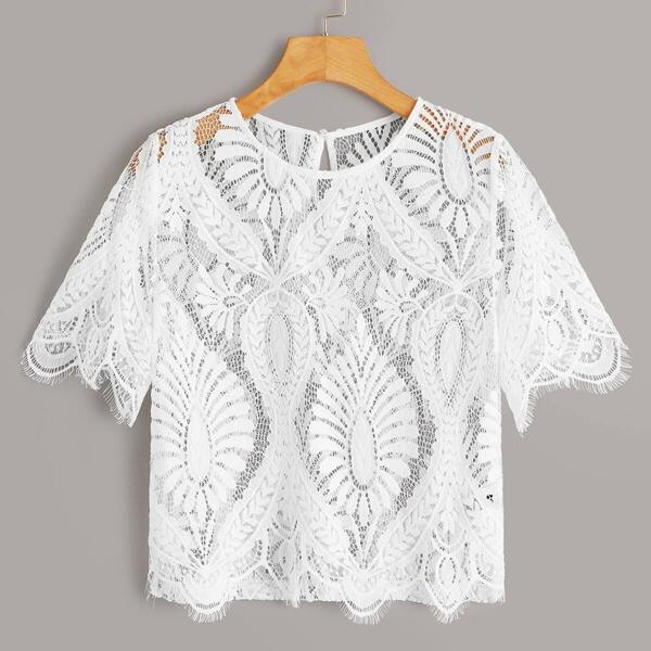 

Keyhole Back Sheer Lace Top