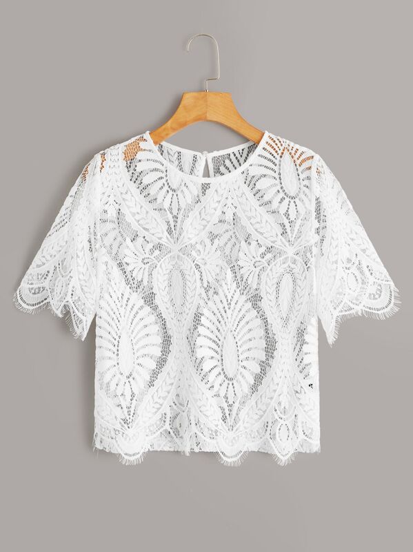 

Keyhole Back Sheer Lace Top, White, Andy