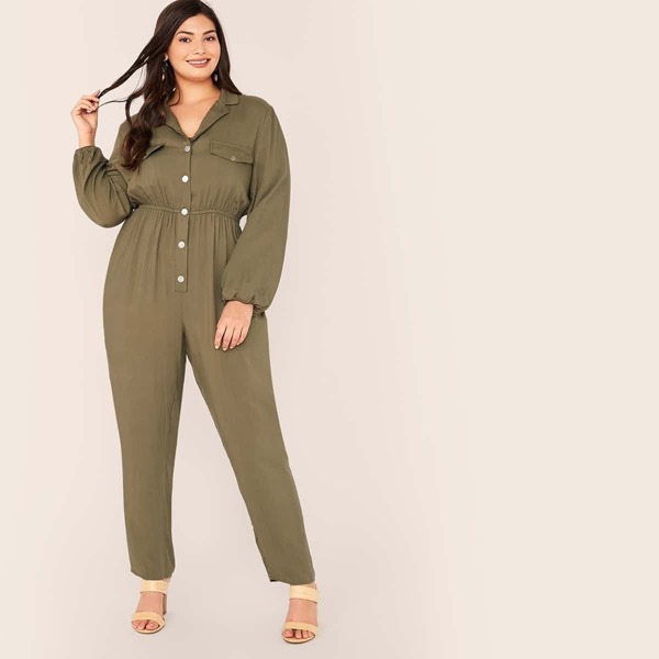 

Plus Notch Neck Button Front Elastic Waist Jumpsuit, Army green