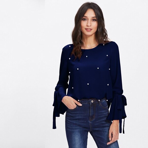 

Pearls Beaded Tie Flounce Sleeve Top