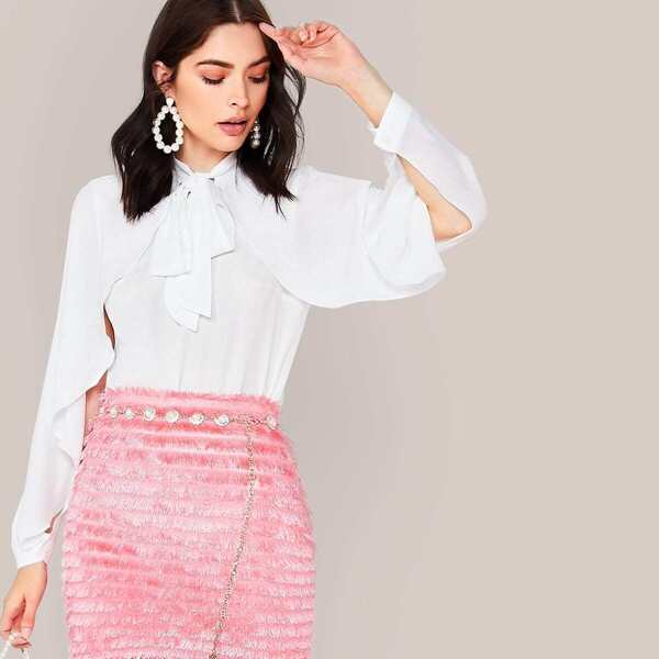 

Solid Tie Neck Split Sleeve Top, White
