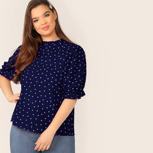 

Plus Frill Neck Confetti Heart Print Top, Navy blue