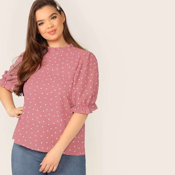 

Plus Frilled Trim Heart Print Top, Pink