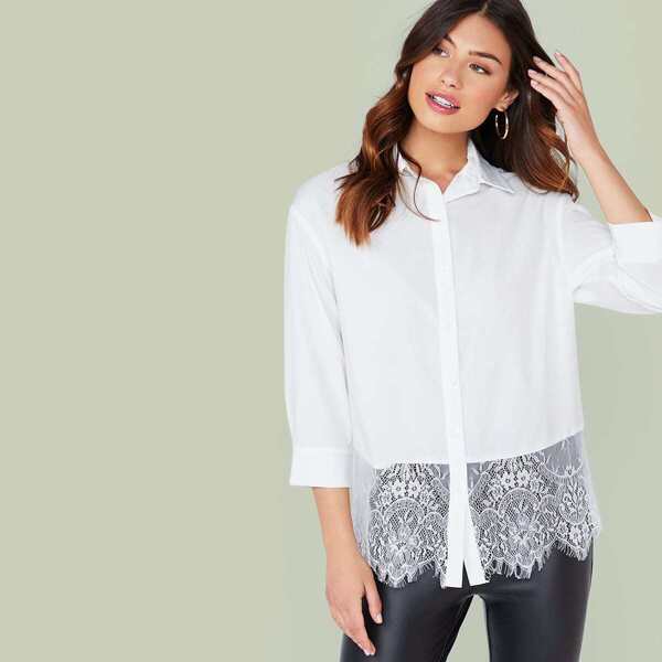 

Eyelash Lace Hem Solid Shirt, White