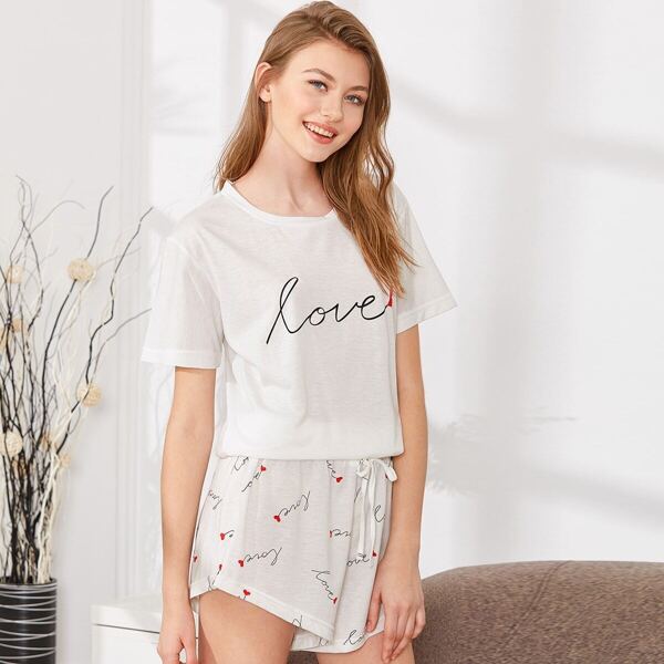 

Letter Print Tee & Shorts PJ Set