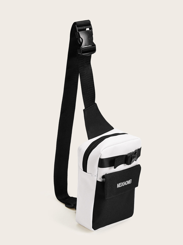 

Letter Pattern Release Buckle Fanny Pack, Black and white