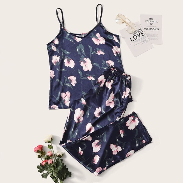 

Floral Print Satin Cami Pajama Set, Navy