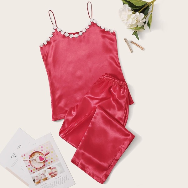 

Floral Crochet Satin Cami Pajama Set