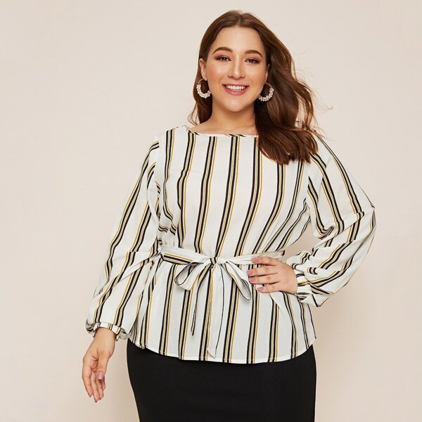 

Plus Striped Lantern Sleeve Belted Top