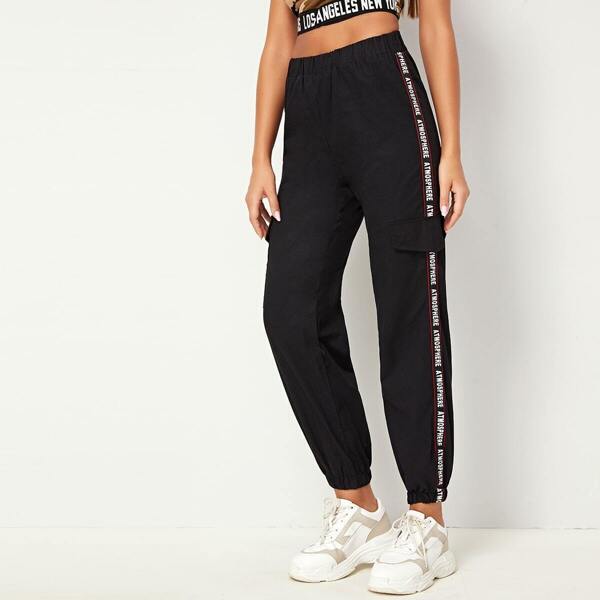 

Elastic Waist Tape Side Pants, Black