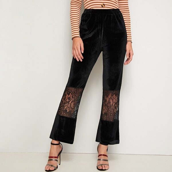 

Contrast Lace Flare Leg Velvet Pants