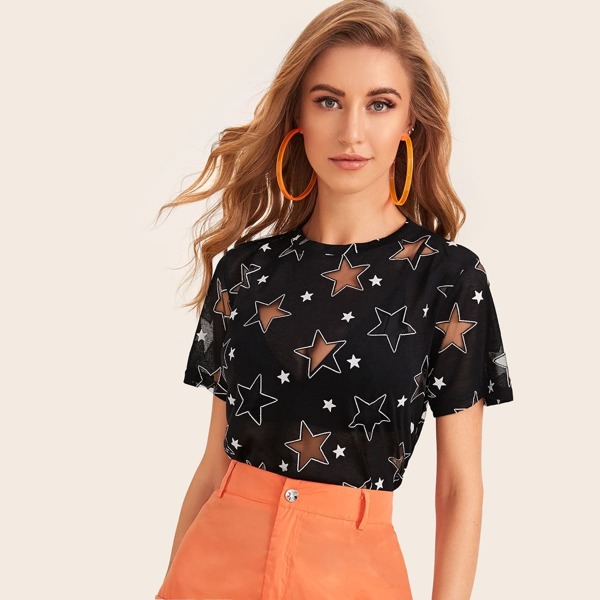 

Sheer Star Pattern Tee, Black and white