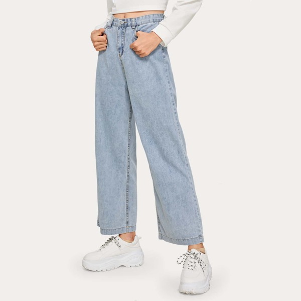 

Solid Wide Leg Washed Jeans, Blue
