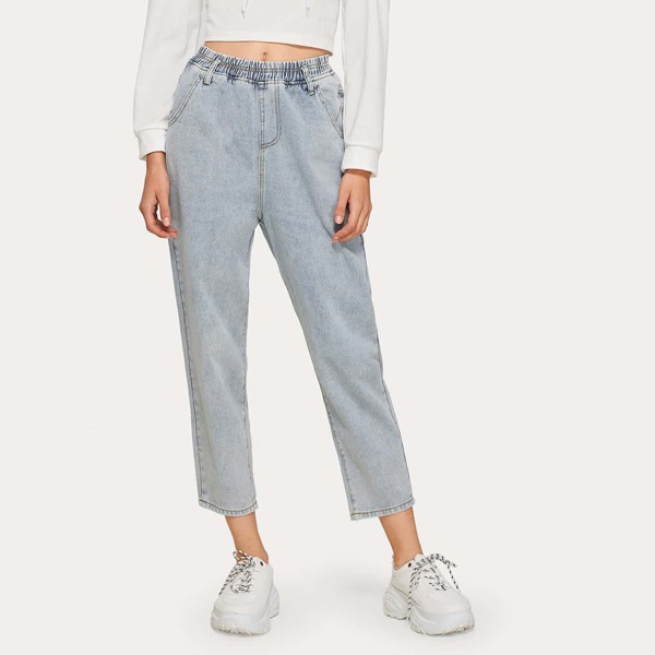 

Solid Elastic Waist Washed Jeans
