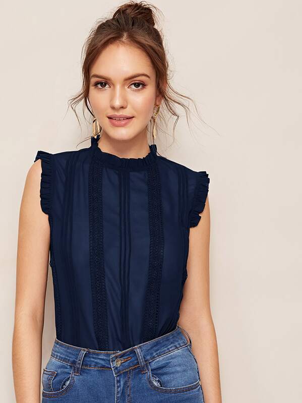 

Contrast Lace Frill Trim Sleeveless Blouse, Navy, Natalia