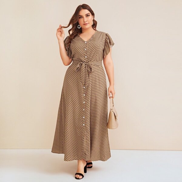 

Plus Polka Dot Ruffle Sleeve Belted Dress