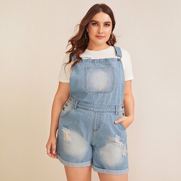 

Plus Pocket Front Washed Denim Overalls