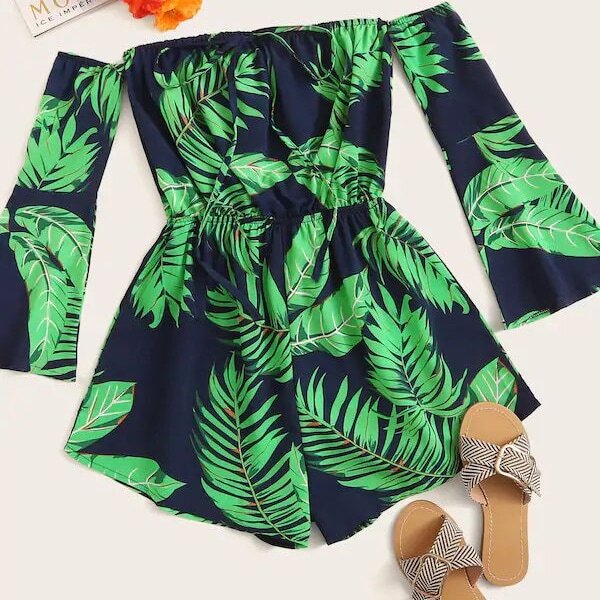 

Plus Off The Shoulder Tropical Print Romper, Multicolor