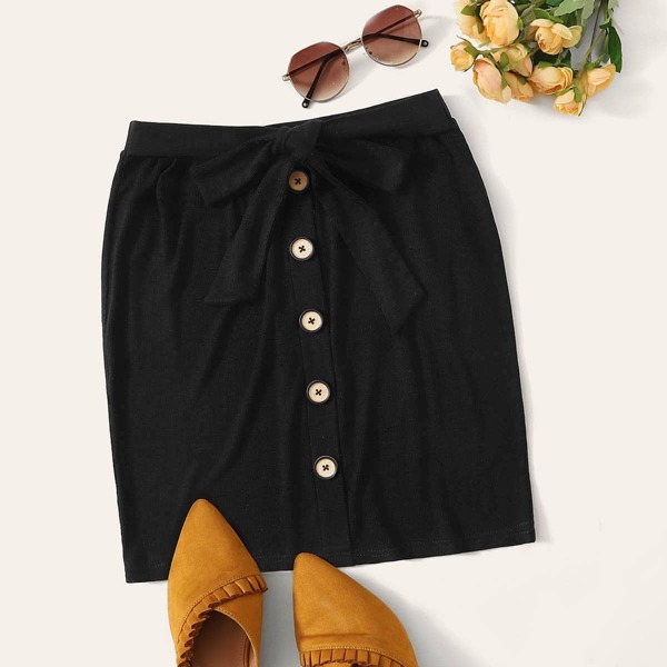 

Button Front Ribbed Belted Sweater Skirt, Black