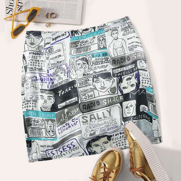 

Comic Print Pencil Skirt, Multicolor