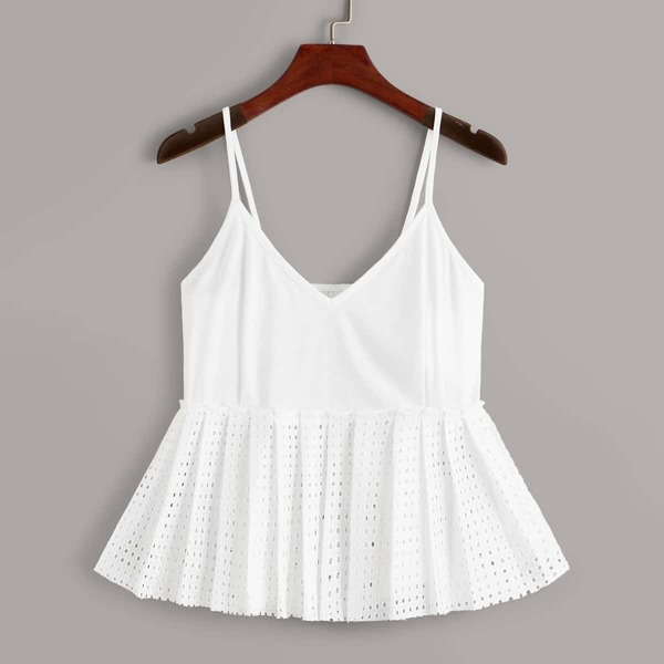 

Solid Eyelet Embroidery Ruffle Hem Cami Top