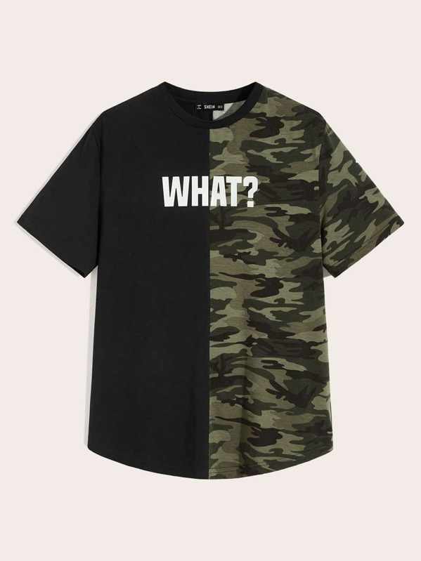 

Men Letter and Camo Print Colorblock Tee, Multicolor